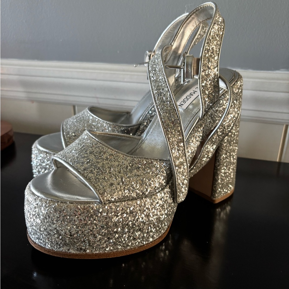 Steve Madden Silver Glitter Platform Heels